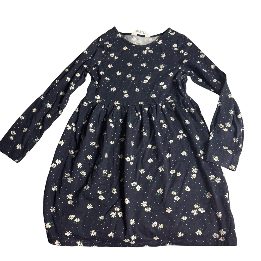 H&M Kids Girls Long Sleeve Daisy Print A-Line Dress Navy Blue US 6-8Y